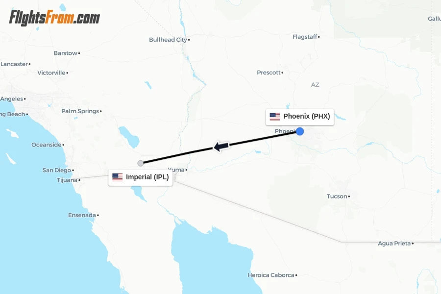 Flights from Phoenix to Imperial route map
