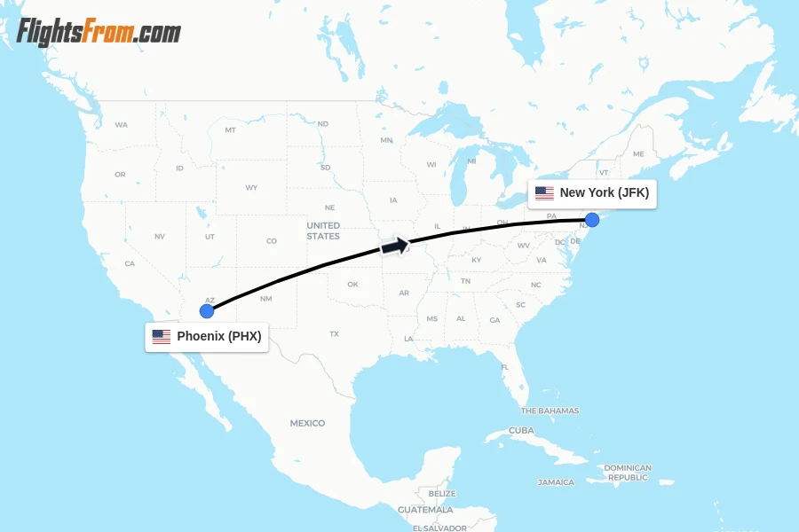 Flights from Phoenix to New York route map