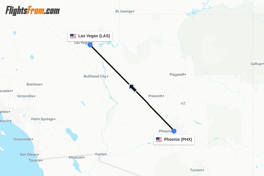 Flights from Phoenix to Las Vegas route map