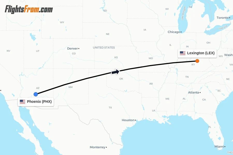 Flights from Phoenix to Lexington route map