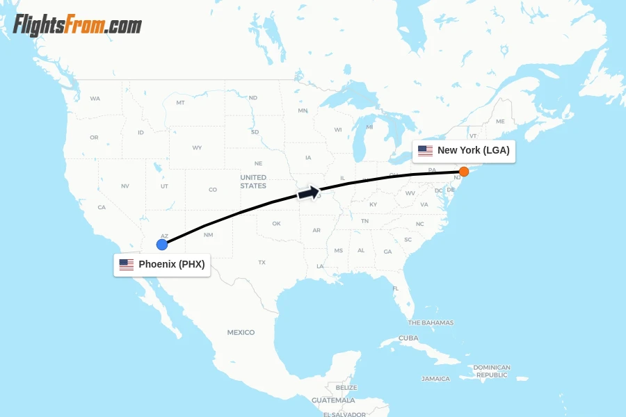 Flights from Phoenix to New York route map