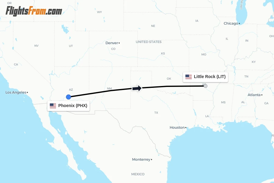 Flights from Phoenix to Little Rock route map