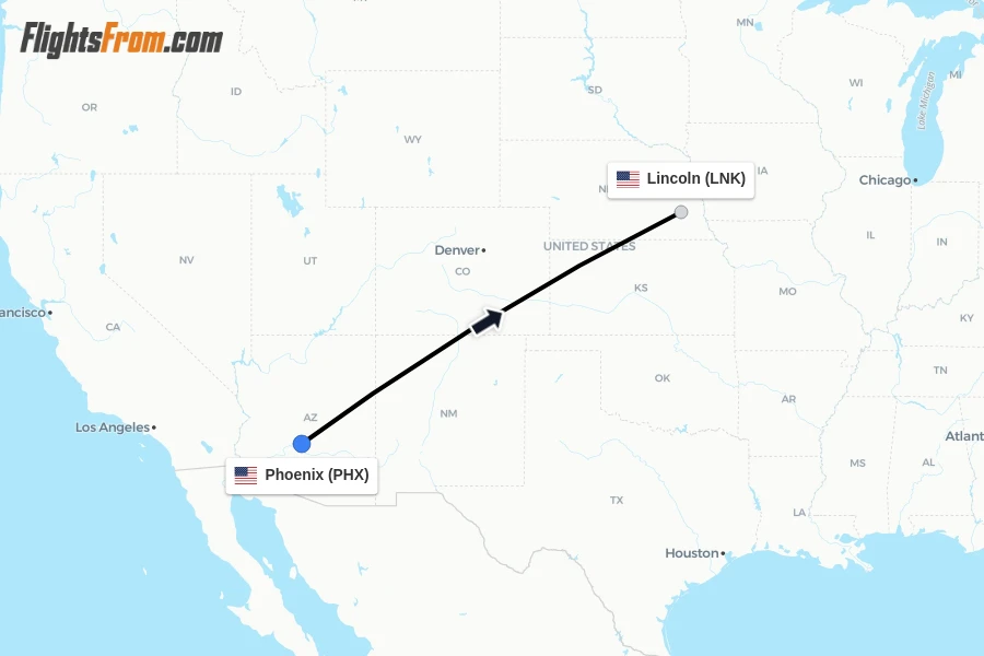Flights from Phoenix to Lincoln route map