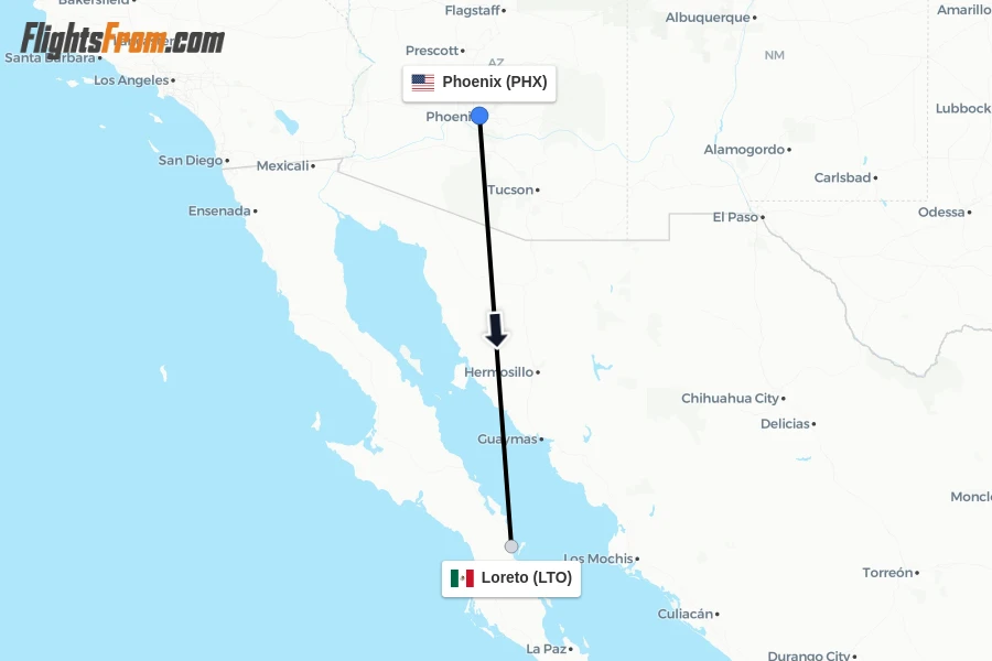 Flights from Phoenix to Loreto route map