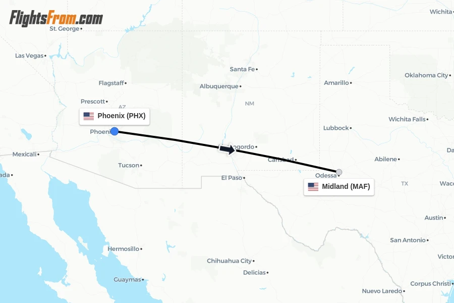 Flights from Phoenix to Midland route map