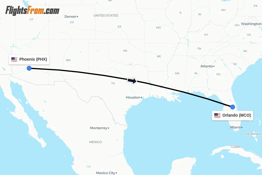 Flights from Phoenix to Orlando route map