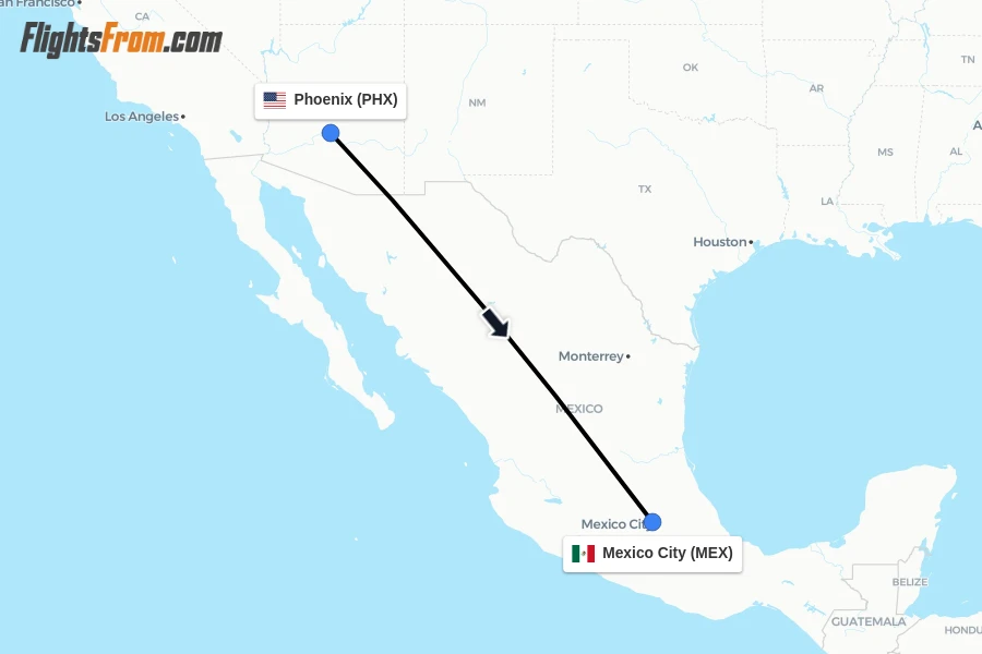 Flights from Phoenix to Mexico City route map
