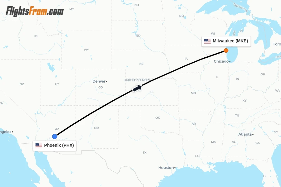 Flights from Phoenix to Milwaukee route map