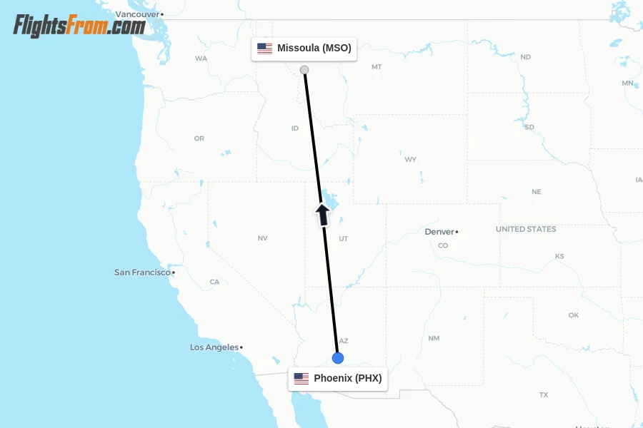 Flights from Phoenix to Missoula route map