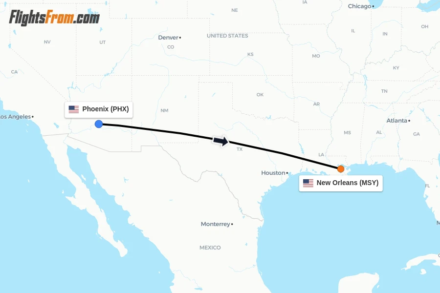 Flights from Phoenix to New Orleans route map