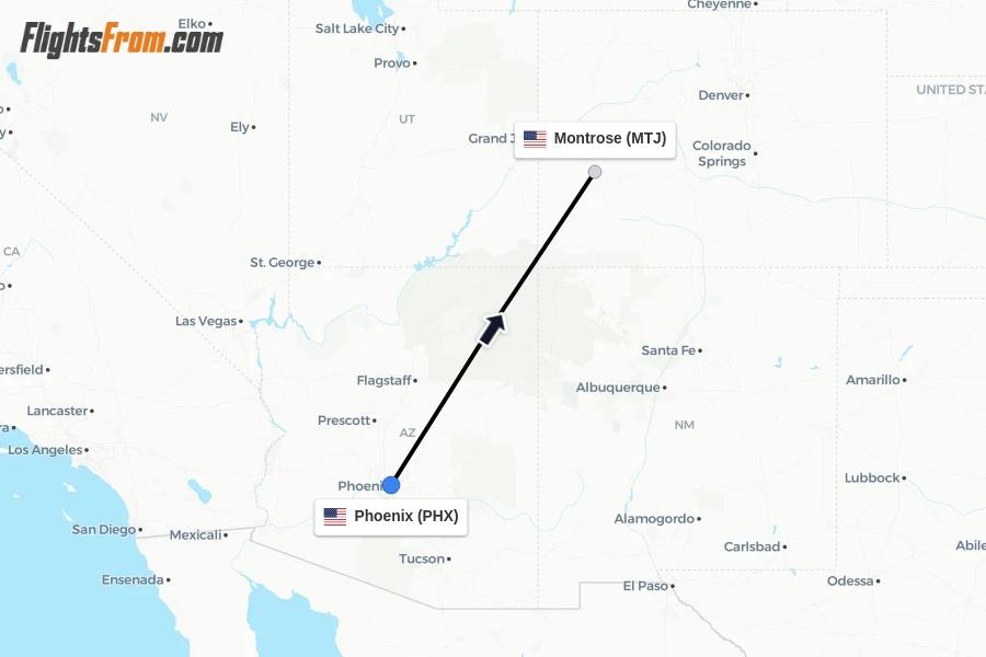 Flights from Phoenix to Montrose route map