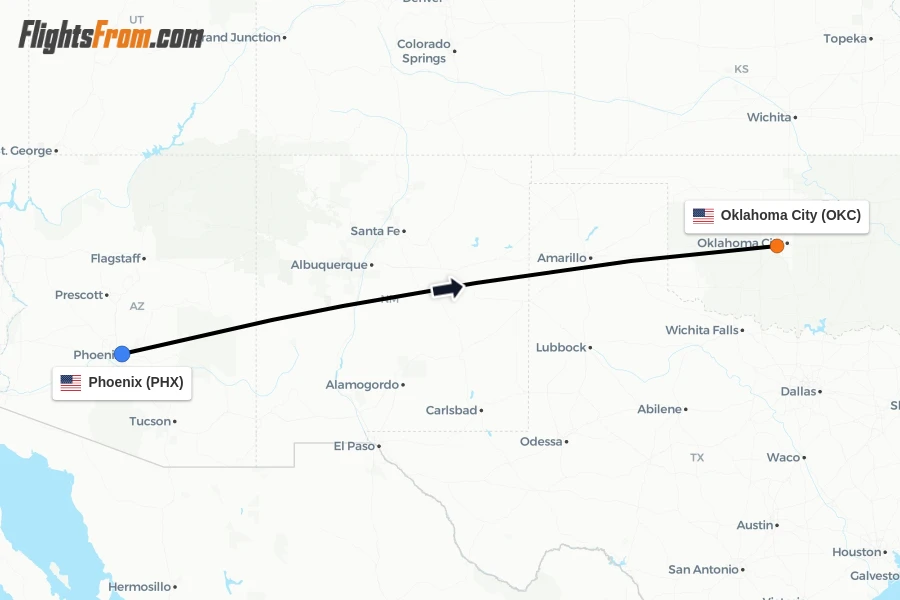 Flights from Phoenix to Oklahoma City route map