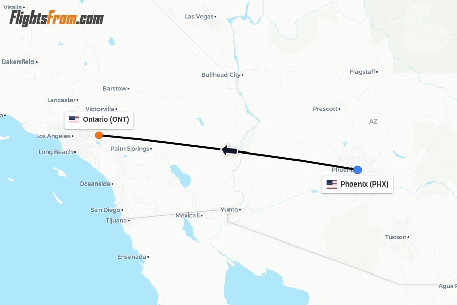 Flights from Phoenix to Ontario route map