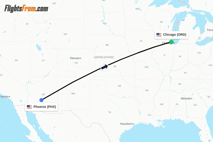 Flights from Phoenix to Chicago route map