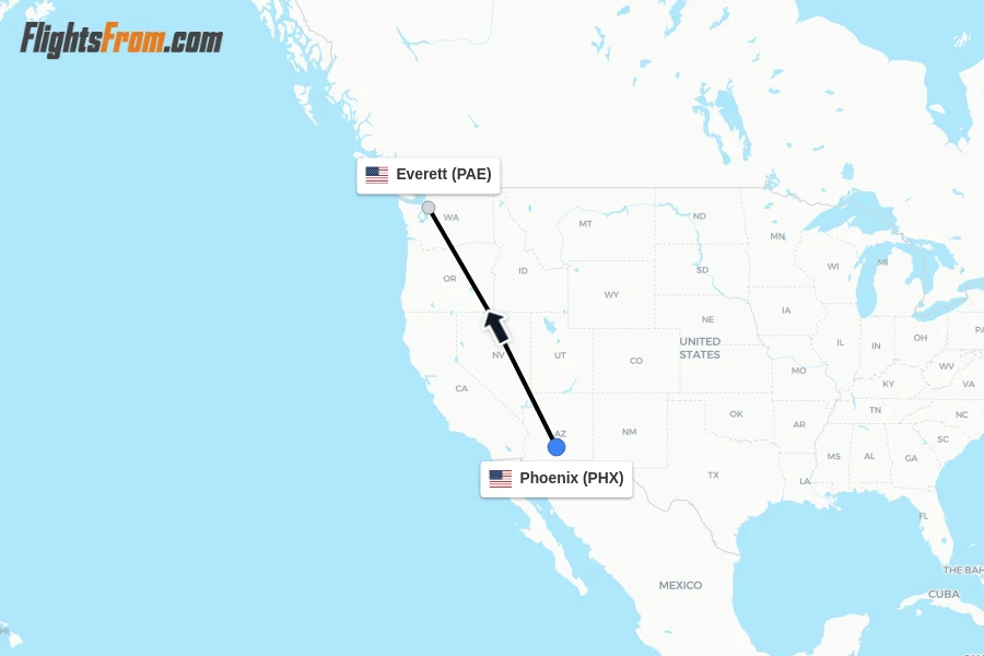 Flights from Phoenix to Everett route map