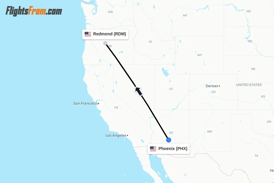 Flights from Phoenix to Redmond route map