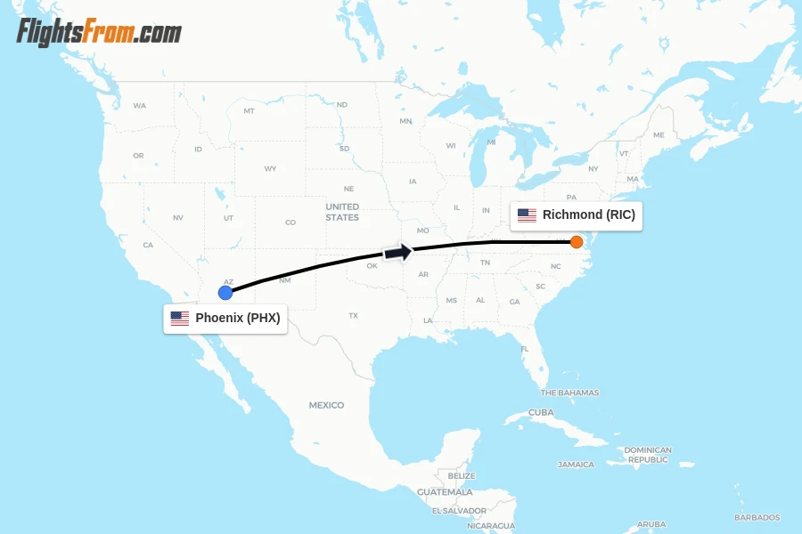 Flights from Phoenix to Richmond route map
