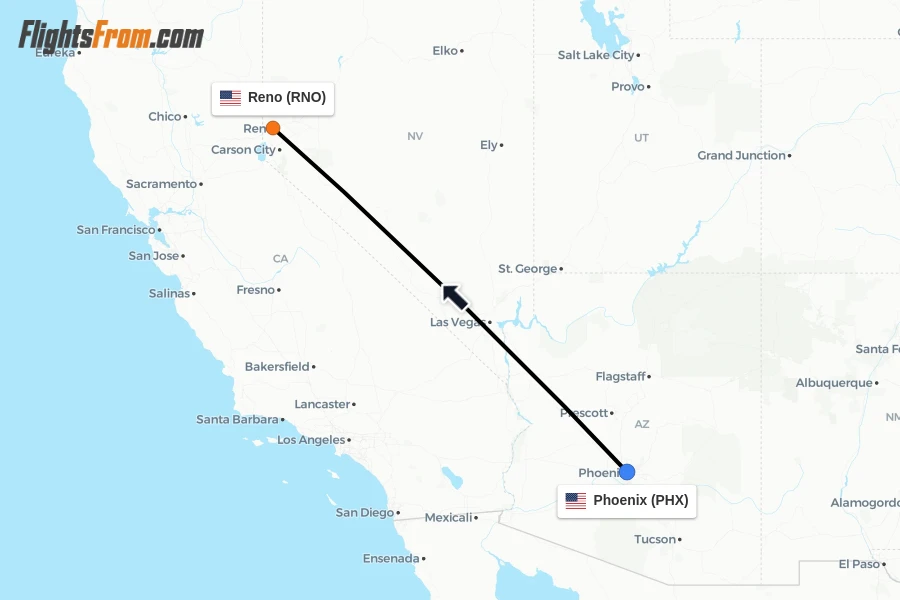Flights from Phoenix to Reno route map
