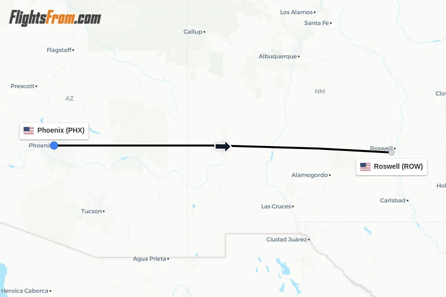 Flights from Phoenix to Roswell route map