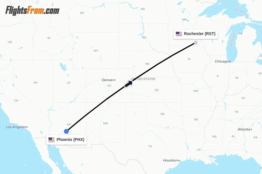 Flights from Phoenix to Rochester route map