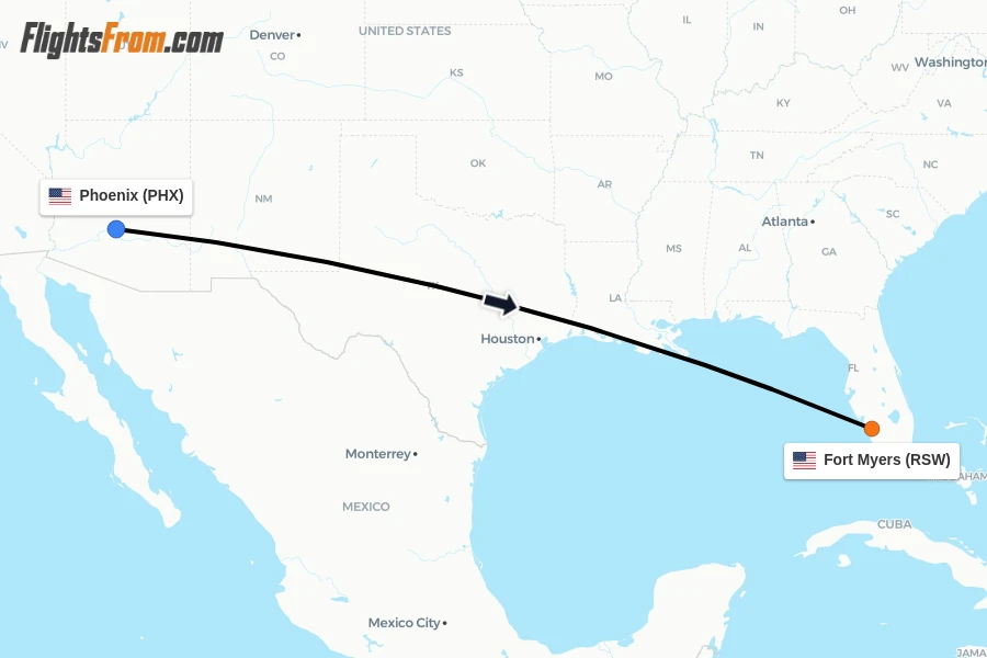 Flights from Phoenix to Fort Myers route map