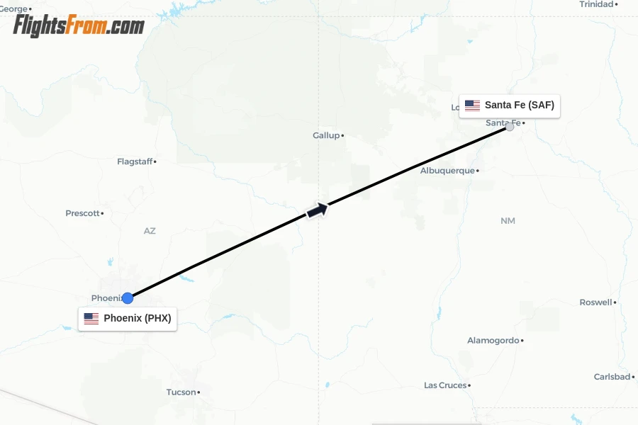 Flights from Phoenix to Santa Fe route map