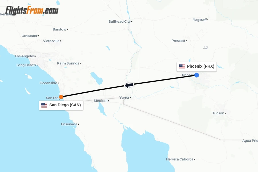 Flights from Phoenix to San Diego route map