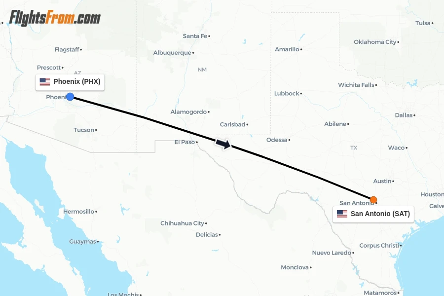 Flights from Phoenix to San Antonio route map