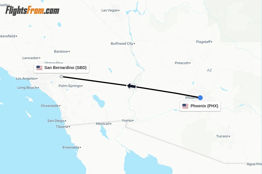 Flights from Phoenix to San Bernardino route map