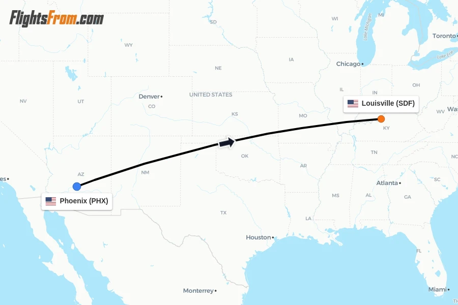 Flights from Phoenix to Louisville route map