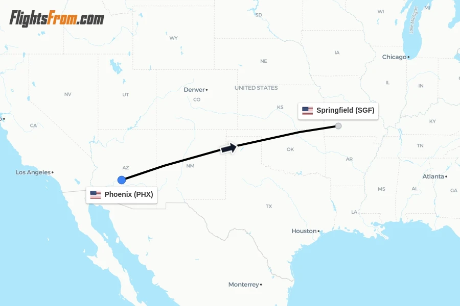 Flights from Phoenix to Springfield route map