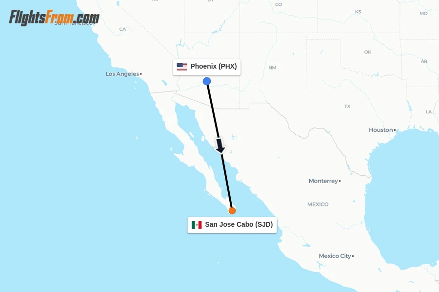 Flights from Phoenix to San Jose Cabo route map