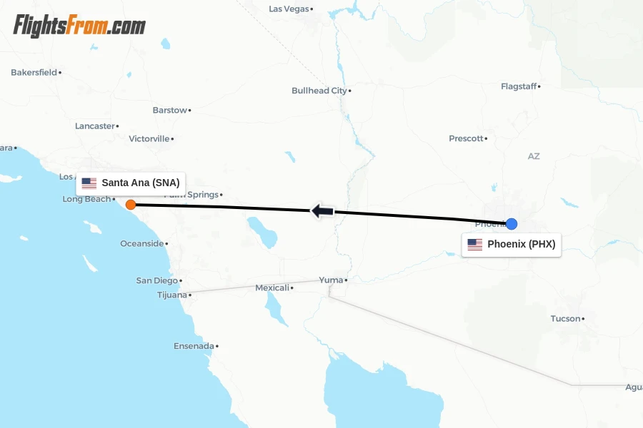 Flights from Phoenix to Santa Ana route map