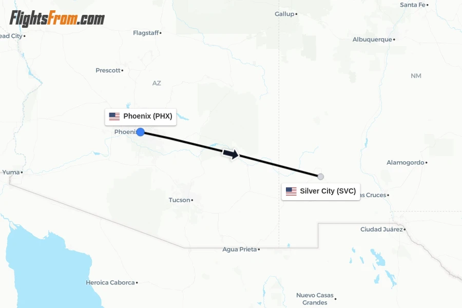 Flights from Phoenix to Silver City route map
