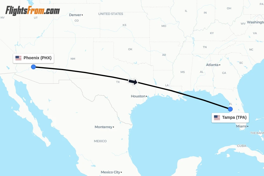 Flights from Phoenix to Tampa route map