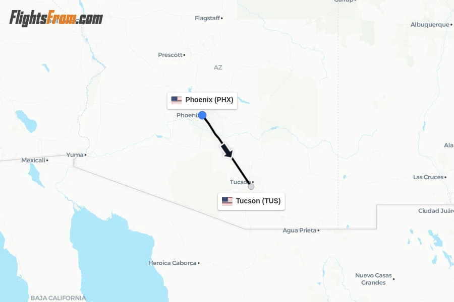 Flights from Phoenix to Tucson route map