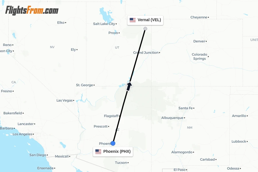 Flights from Phoenix to Vernal route map