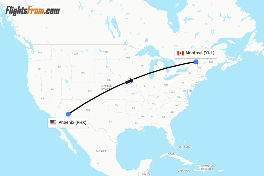 Flights from Phoenix to Montreal route map