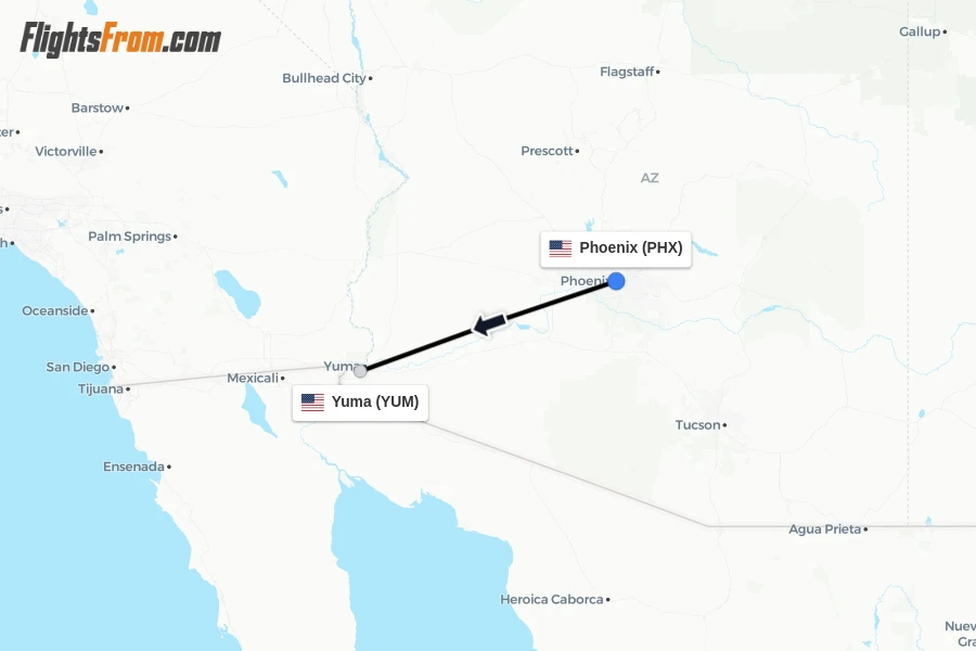 Flights from Phoenix to Yuma route map