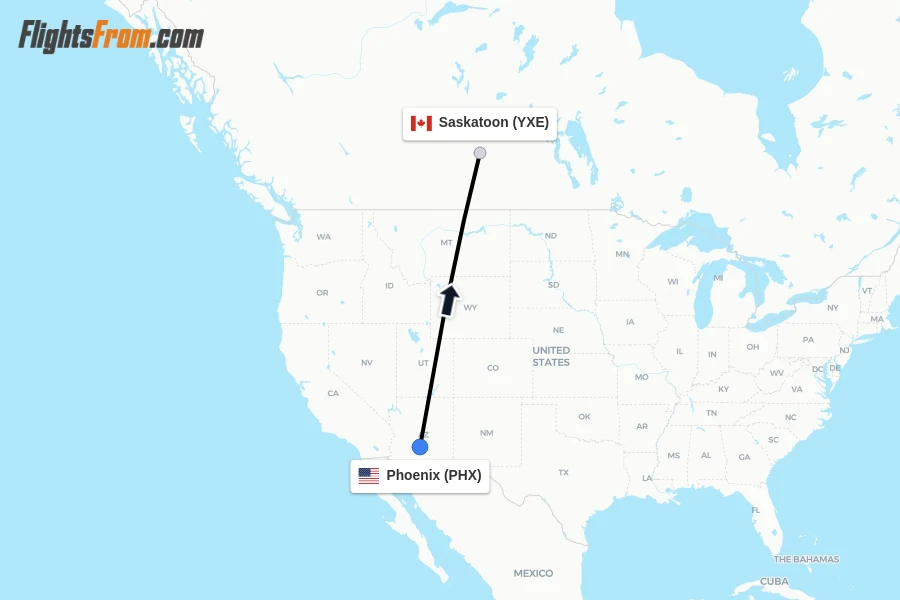 Flights from Phoenix to Saskatoon route map