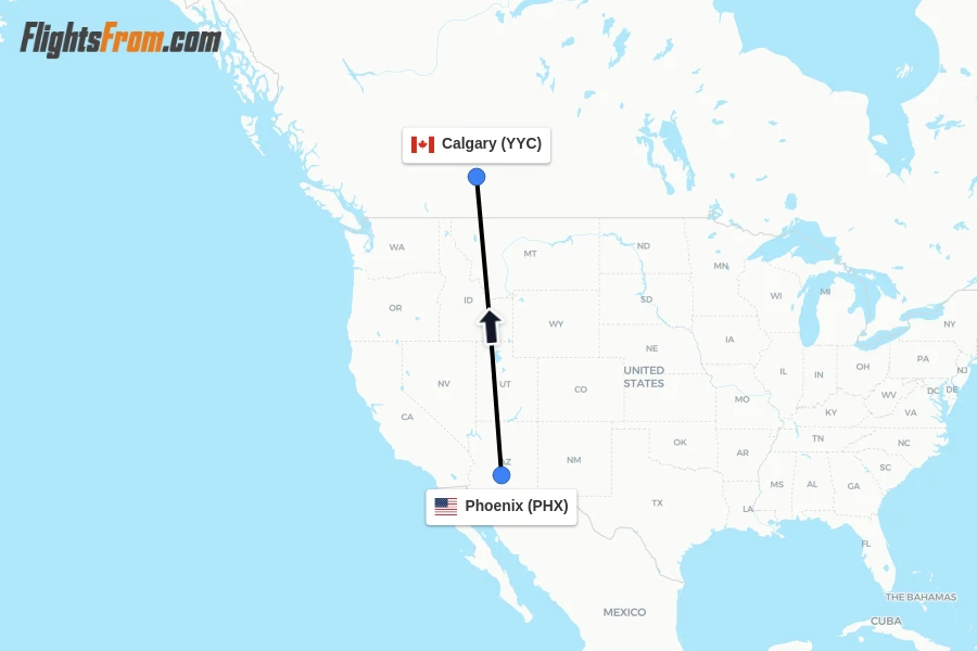 Flights from Phoenix to Calgary route map