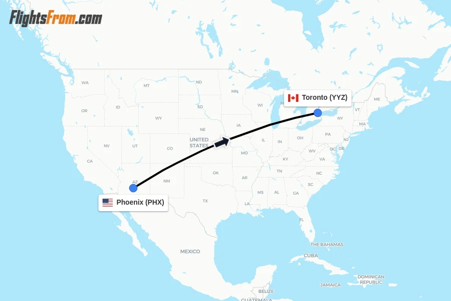 Flights from Phoenix to Toronto route map
