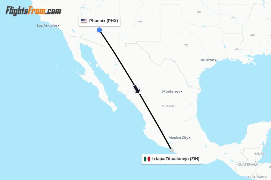 Flights from Phoenix to Ixtapa/Zihuatanejo route map