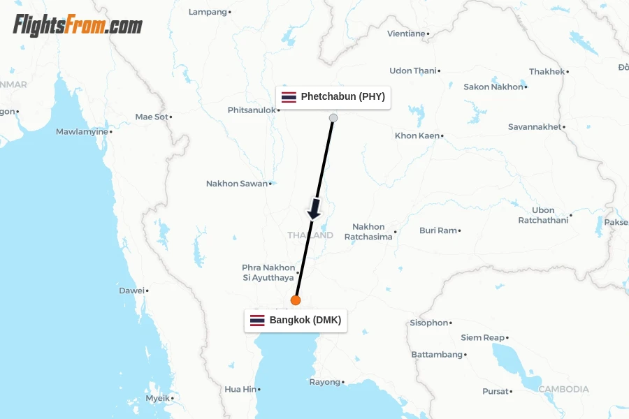 Flights from Phetchabun to Bangkok route map