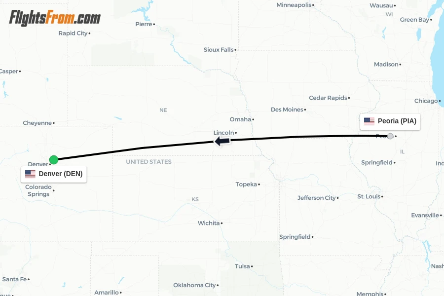 Flights from Peoria to Denver route map