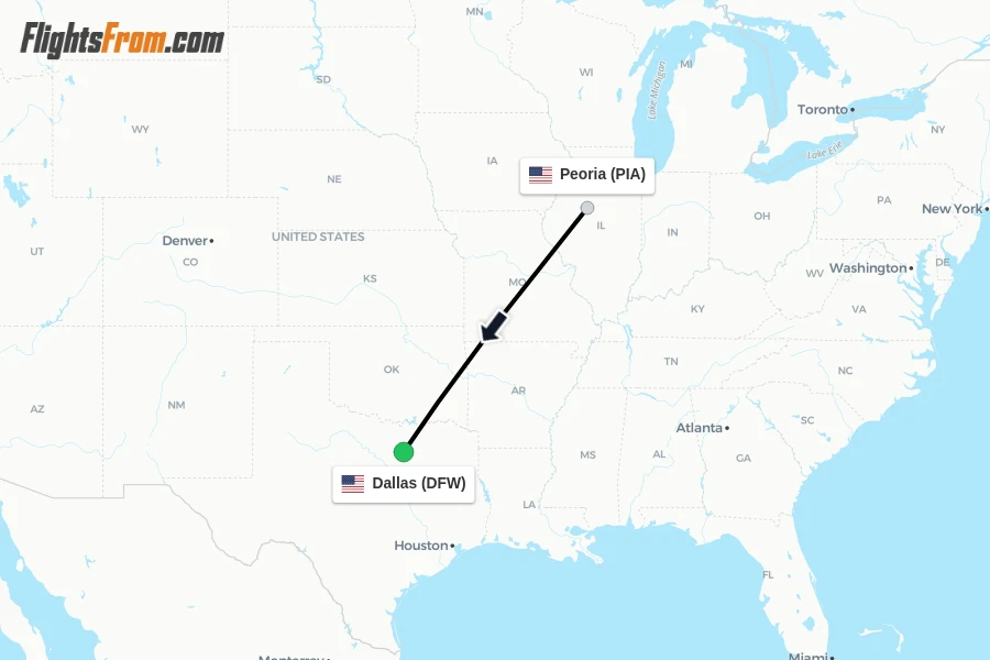 Flights from Peoria to Dallas route map