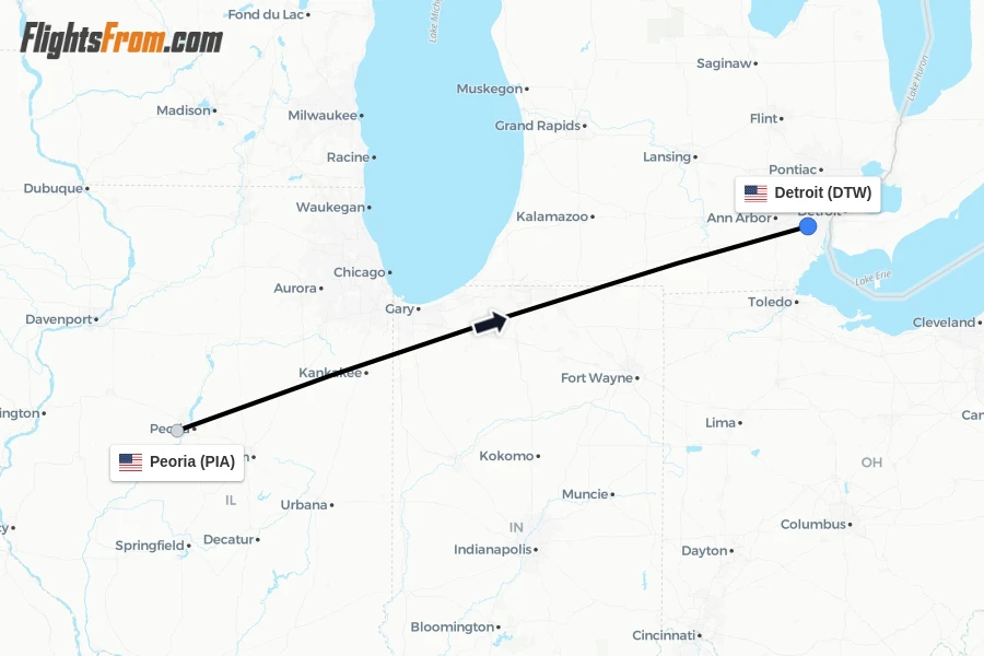 Flights from Peoria to Detroit route map