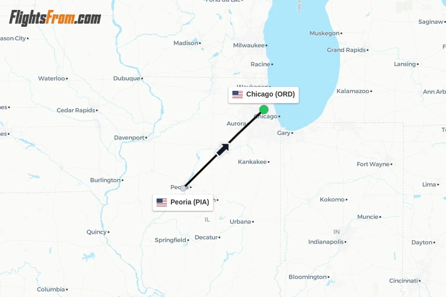 Flights from Peoria to Chicago route map