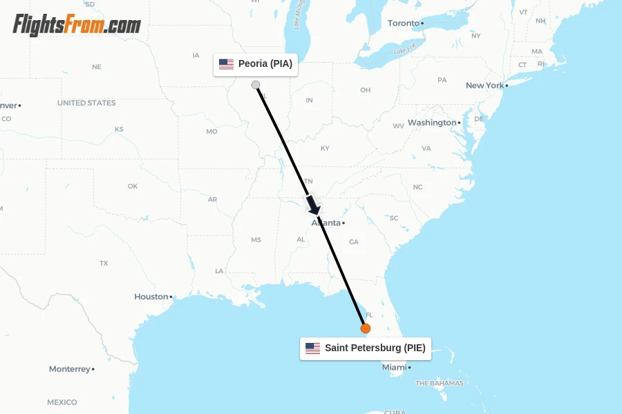 Flights from Peoria to Saint Petersburg route map