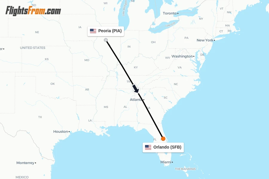 Flights from Peoria to Orlando route map
